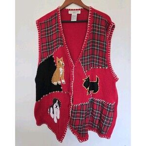 VTG Victoria Jones Vest Womens 2X Sweater Red Plaid Patchwork Dog Holiday Casual